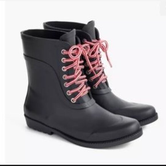 J. Crew Rain Boots Short Wellie Black Lace Up Preppy Classic Lug Size 9 #B1330 - Picture 1 of 12